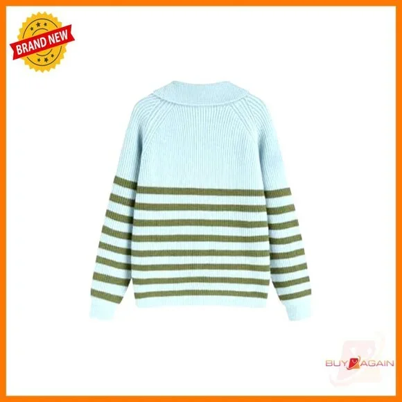 Striped Quarter Zip Pullover Mock Neck Knit Sweater Oversized Casual Chic - Picture 5 of 7